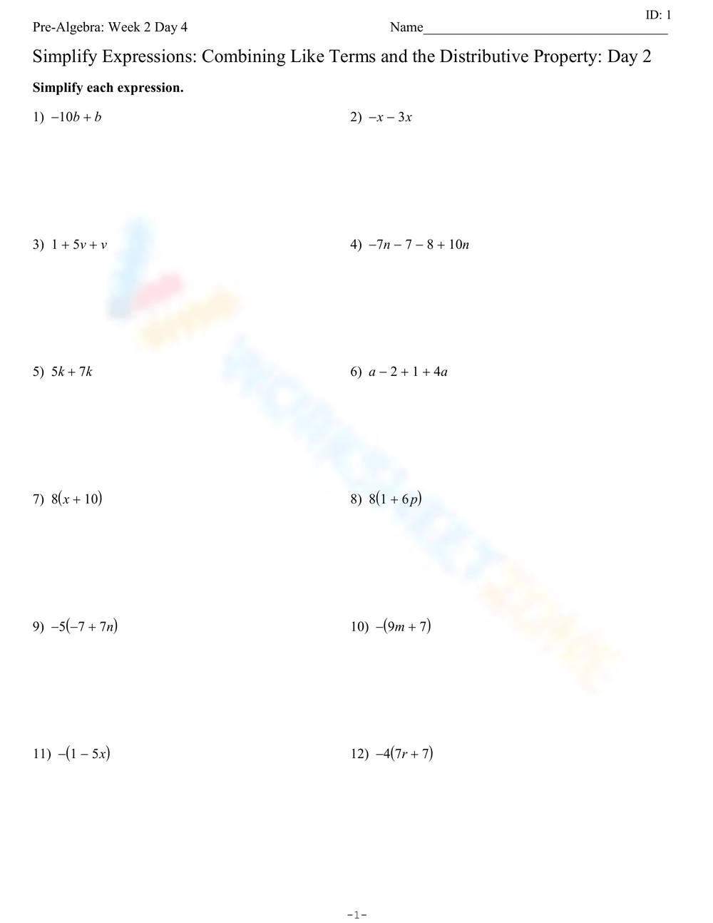 Printable Combining Like Terms Worksheets