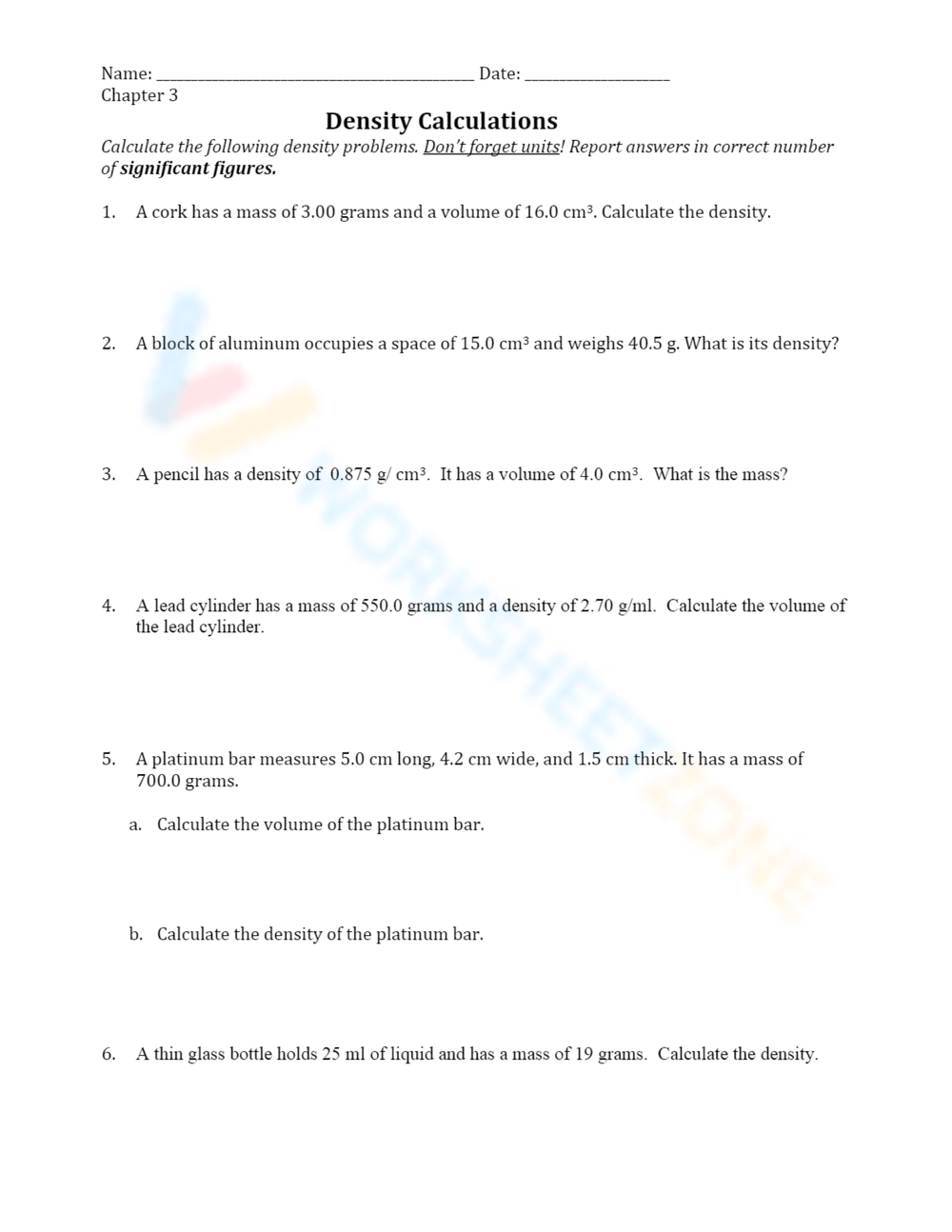 Printable Density Worksheets