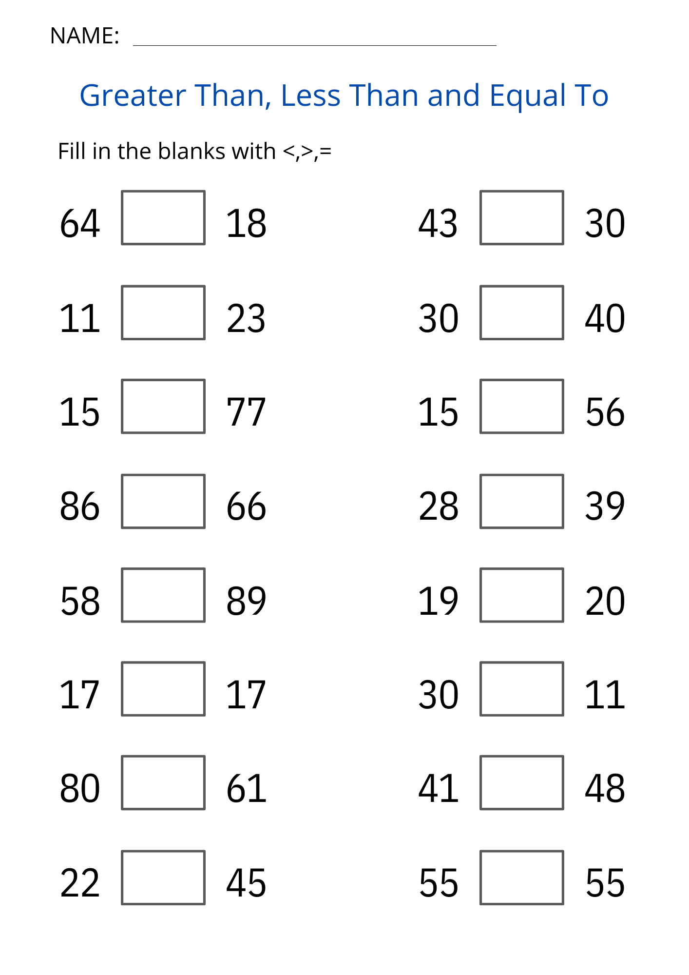 Kindergarten Comparing Numbers Worksheets