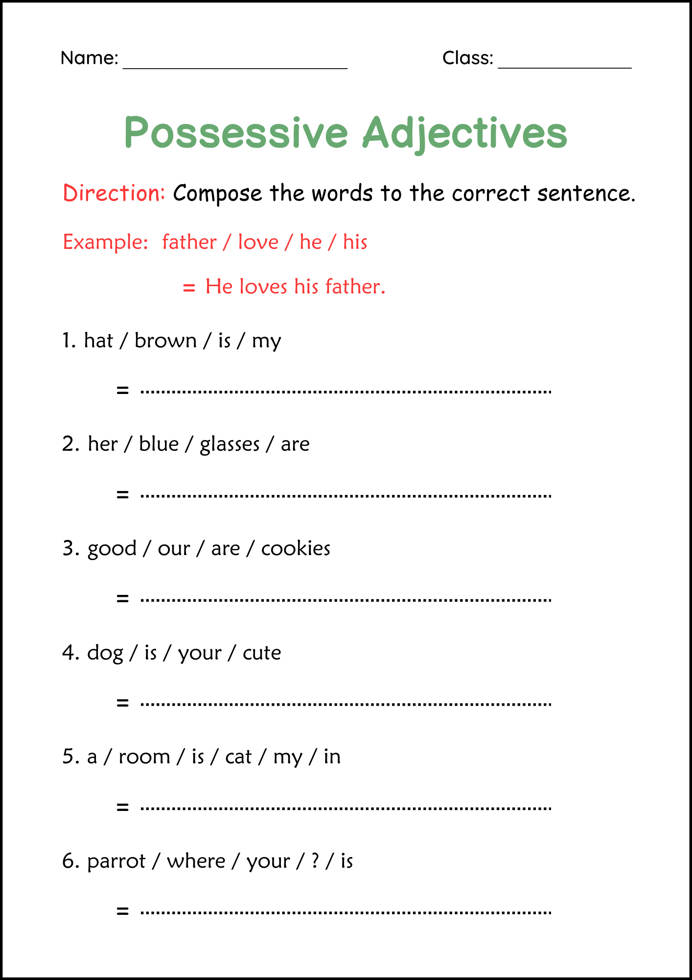 Printable Possessive Adjectives Grammar Worksheet For Grade 1 Made By Teachers Printable Possessive Adjectives Grammar Worksheet For Grade 1 Made By Teachers