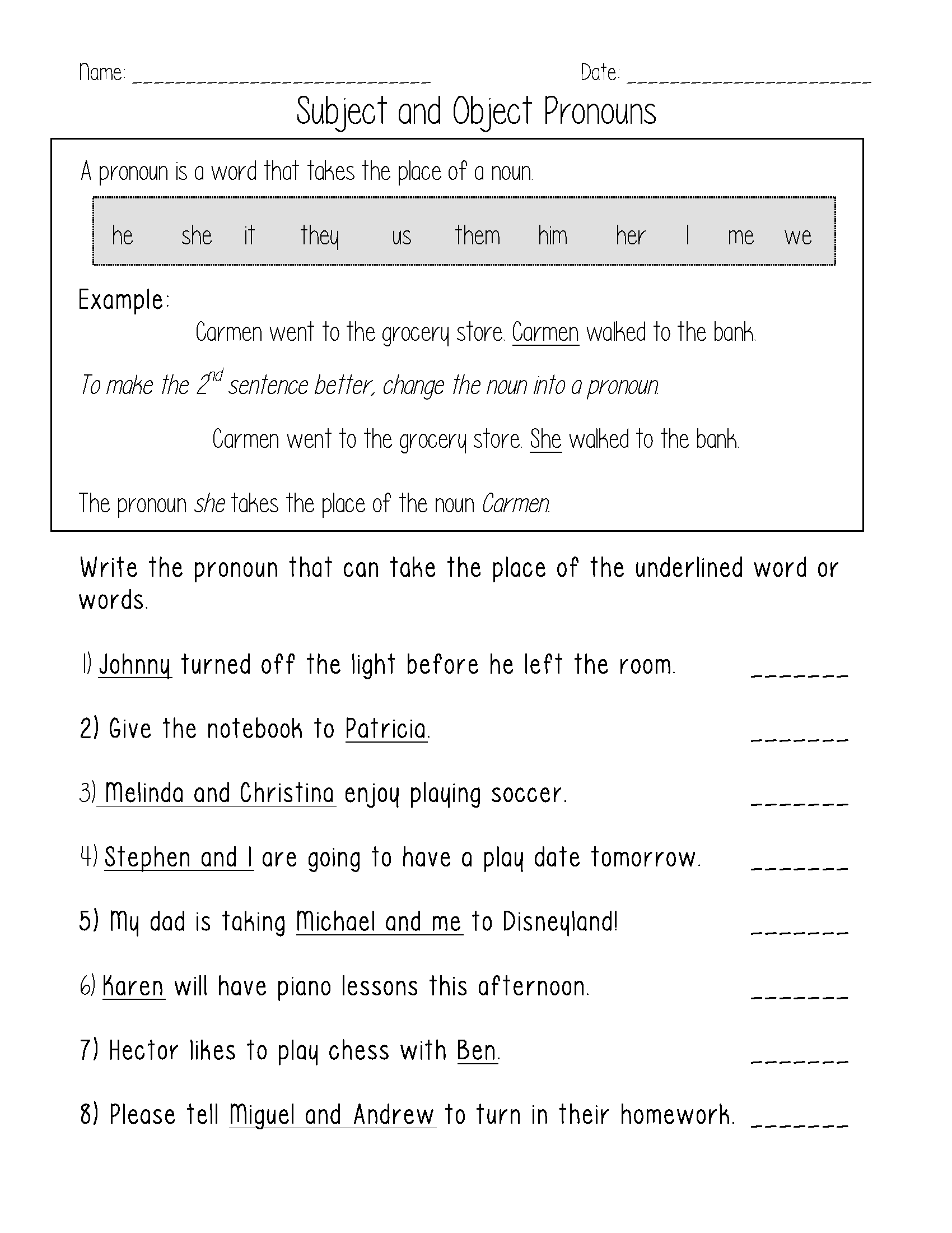 Pronouns Worksheets Subject And Object Pronouns Worksheets