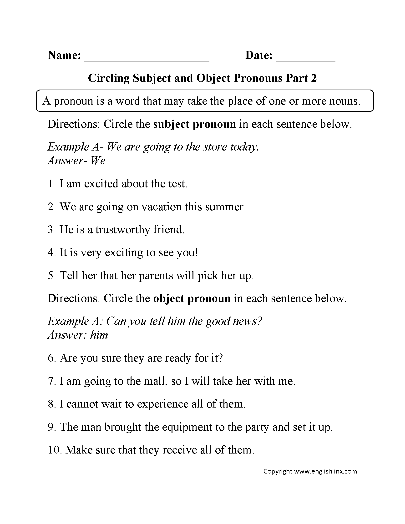 Pronouns Worksheets Subject And Object Pronouns Worksheets Pronouns Worksheets Subject And Object Pronouns Worksheets