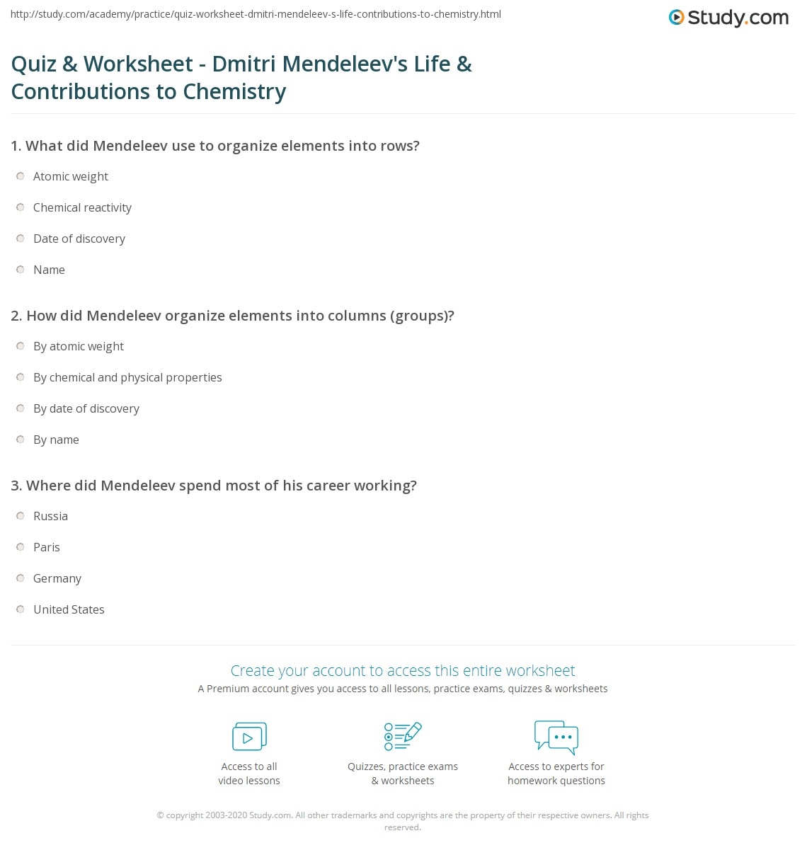 Quiz Worksheet Dmitri Mendeleev S Life Contributions To Chemistry Study Mendeleev S Periodic Table