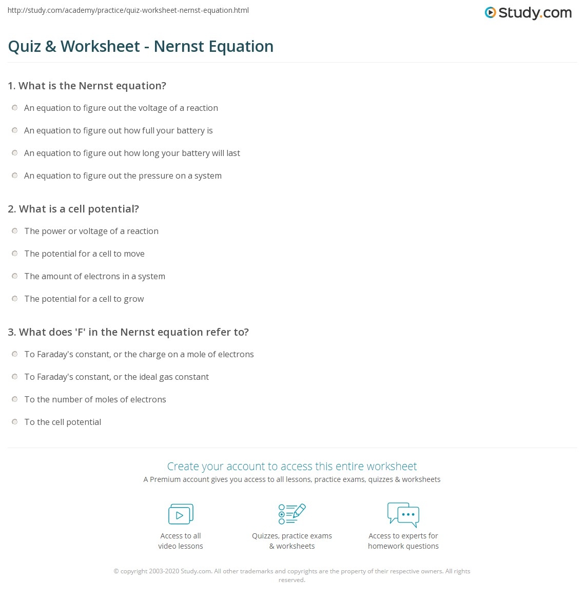 Quiz Worksheet Nernst Equation Study Quiz Worksheet Nernst Equation Study