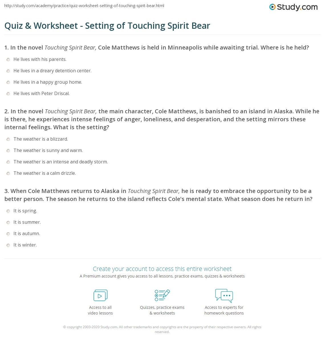 Quiz Worksheet Setting Of Touching Spirit Bear Study