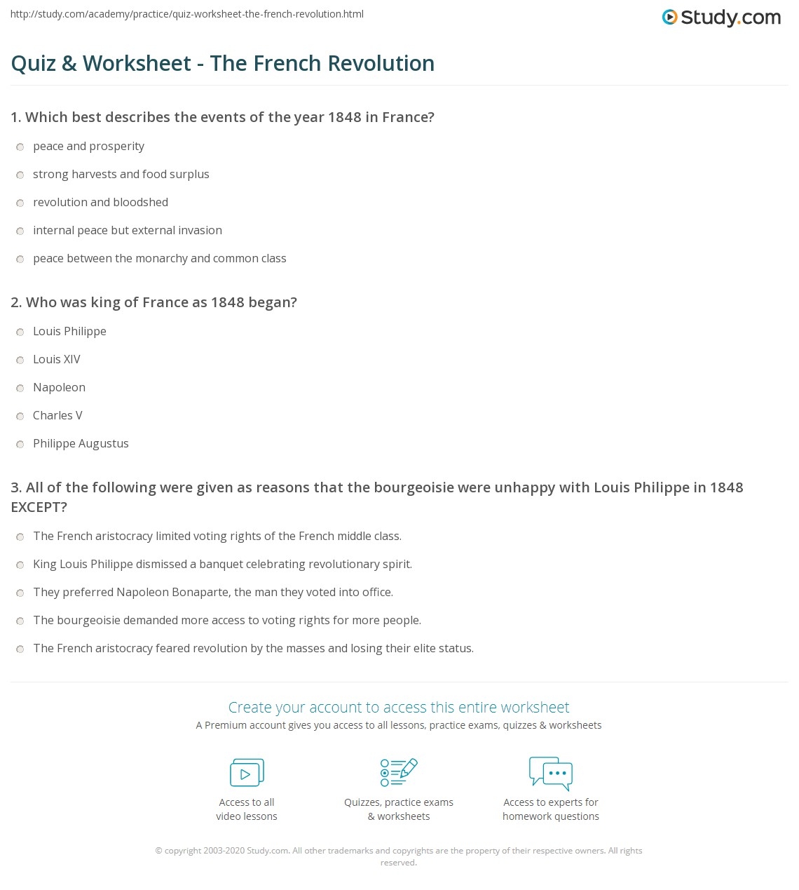 Quiz Worksheet The French Revolution Study