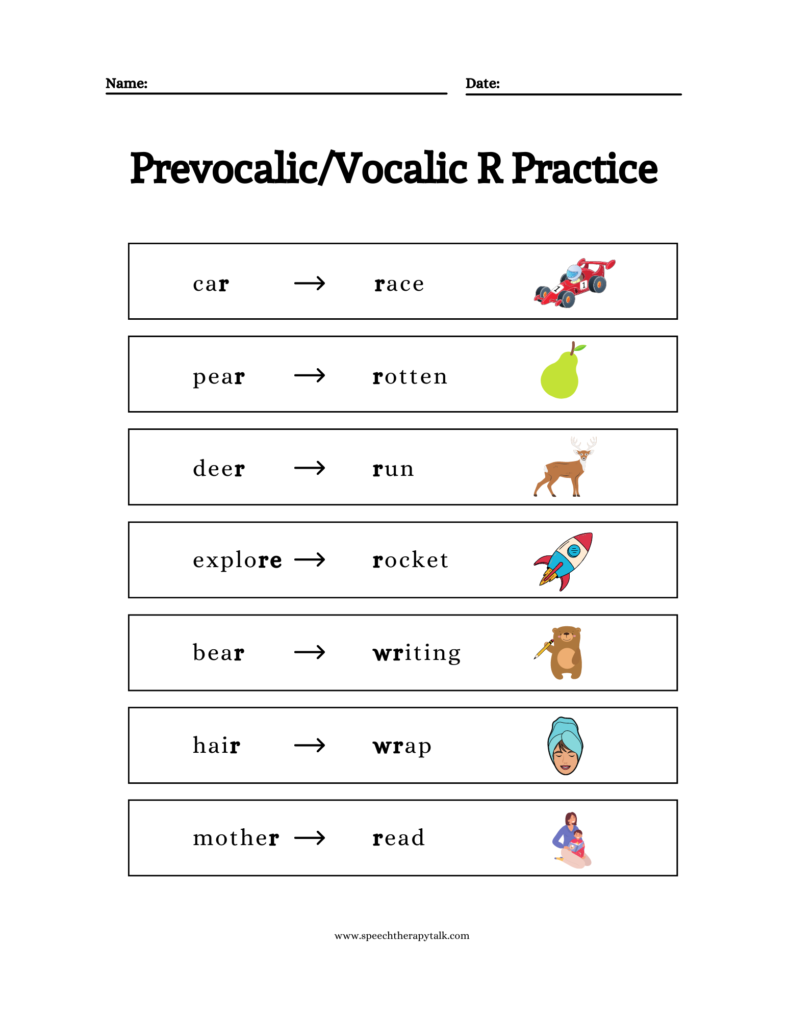 R Word List For Speech Therapy Practice Words And Activities Speech Therapy Talk Free Vocalic R Worksheets For Articulation Therapy Speechzella