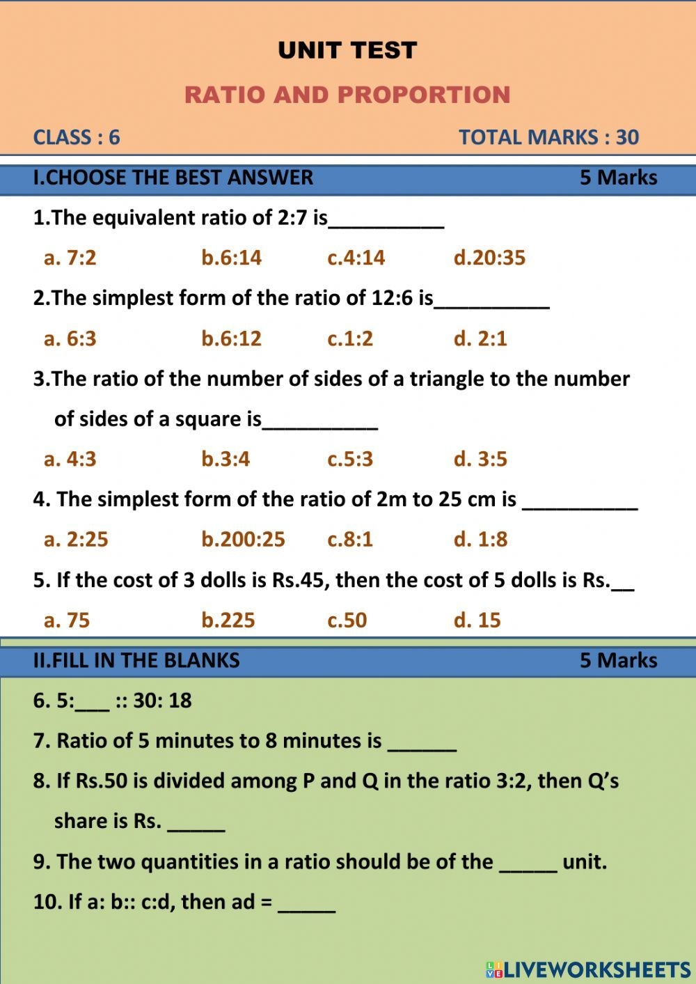 Ratio And Proportion Worksheet For Grade 6 Ratio And Proportion Worksheet For Grade 6