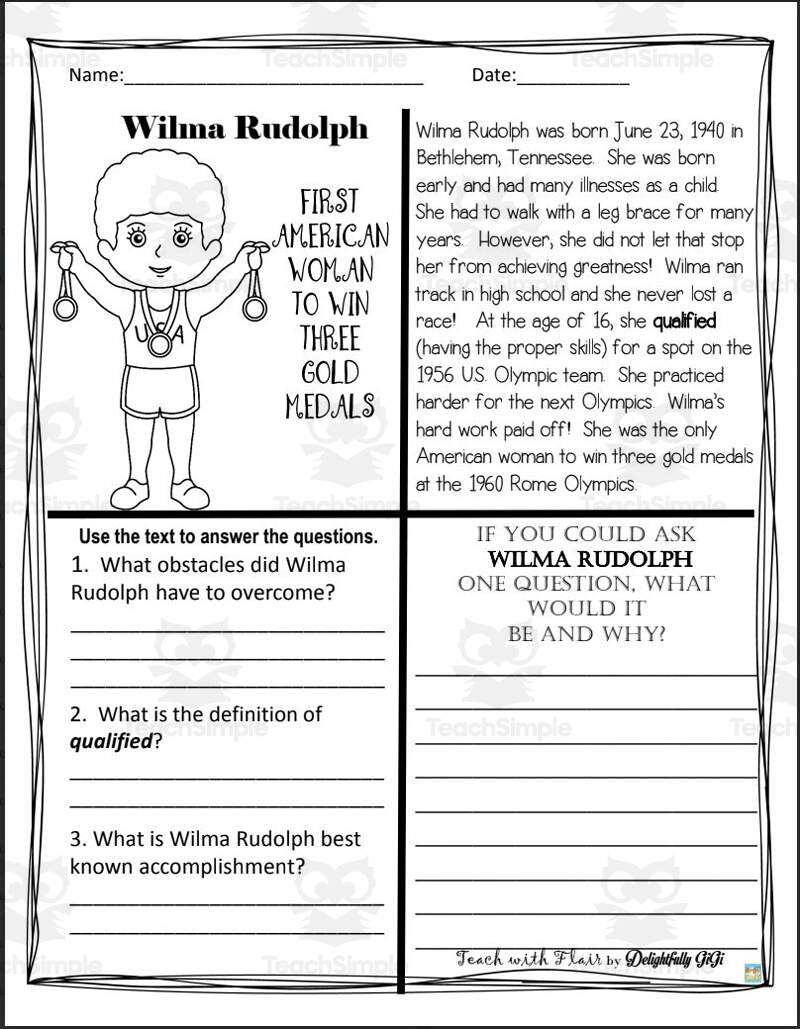 Reading Comprehension For Black History Month Wilma Rudolph By Teach Simple Reading Comprehension For Black History Month Wilma Rudolph By Teach Simple