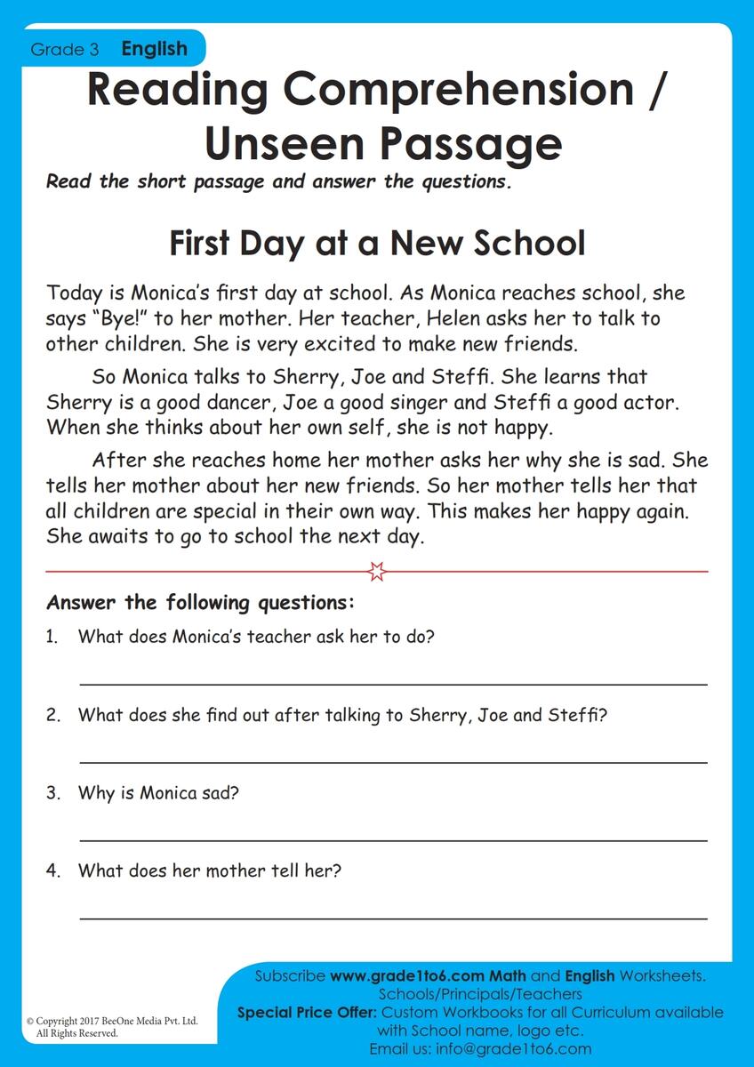 Reading Comprehension Worksheet Grade 3 Grade1to6