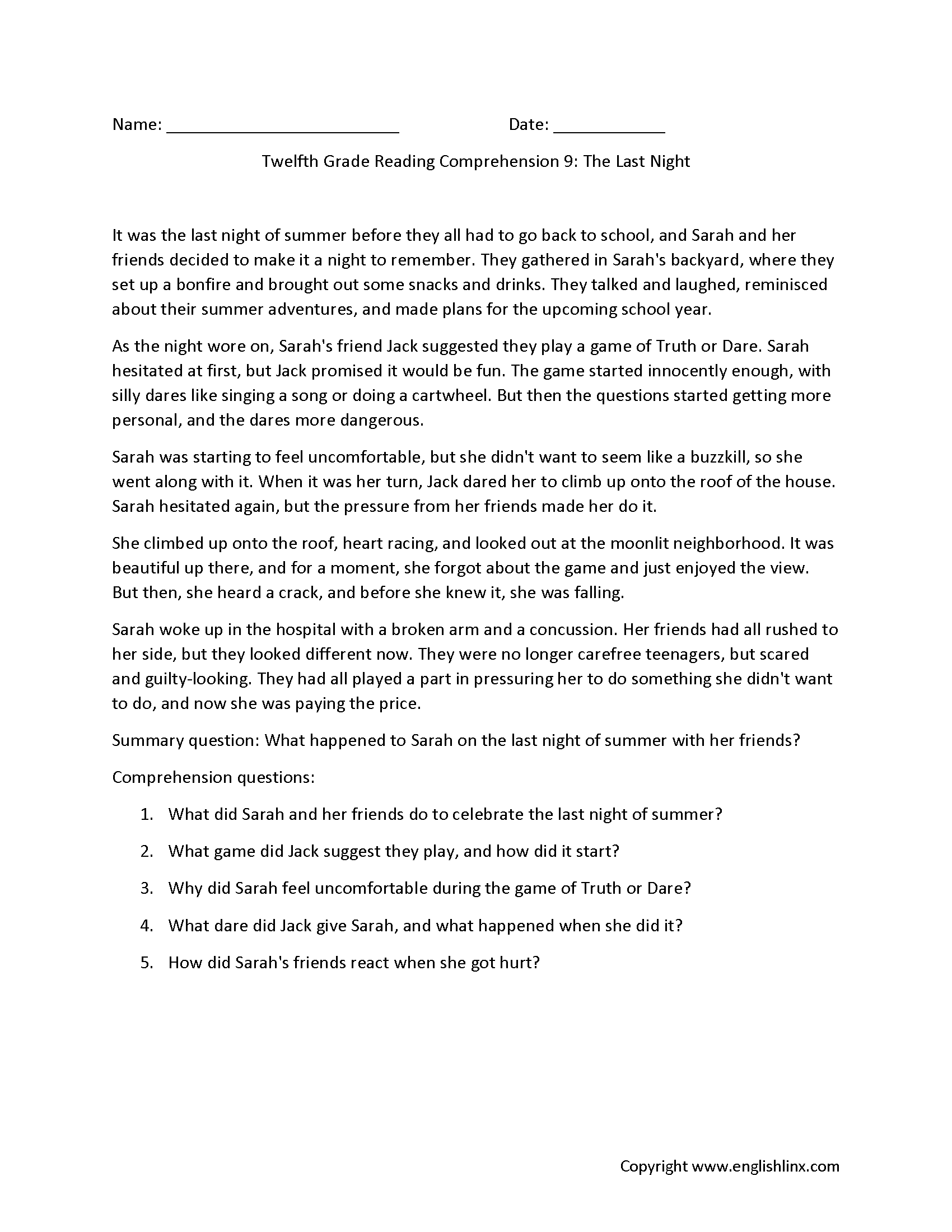Reading Comprehension Worksheets Twelfth Grade Reading Comprehension Worksheets