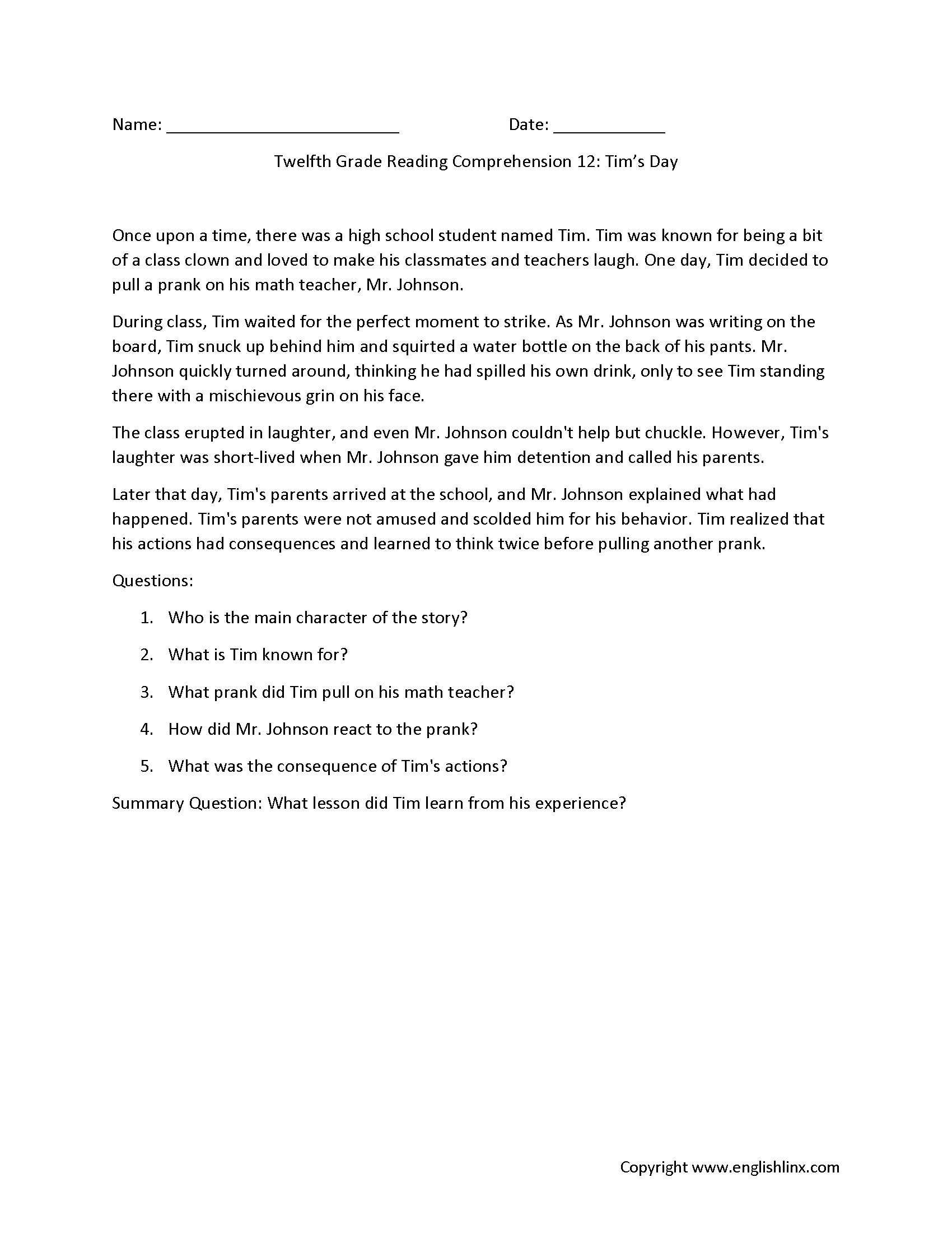 Reading Comprehension Worksheets Twelfth Grade Reading Comprehension Worksheets