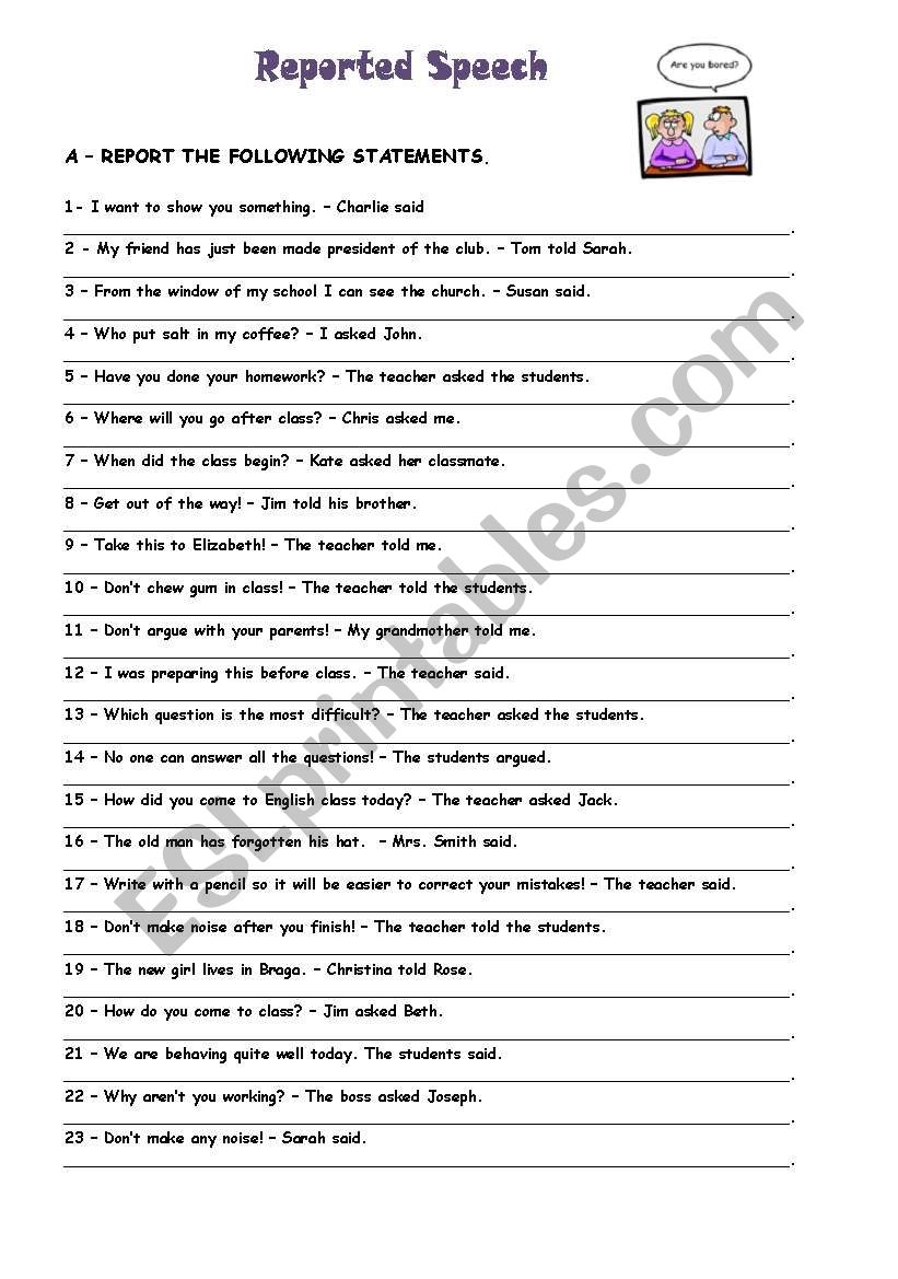 Reported Speech 50 Exercises ESL Worksheet By Sandramaisa Reported Speech 50 Exercises ESL Worksheet By Sandramaisa