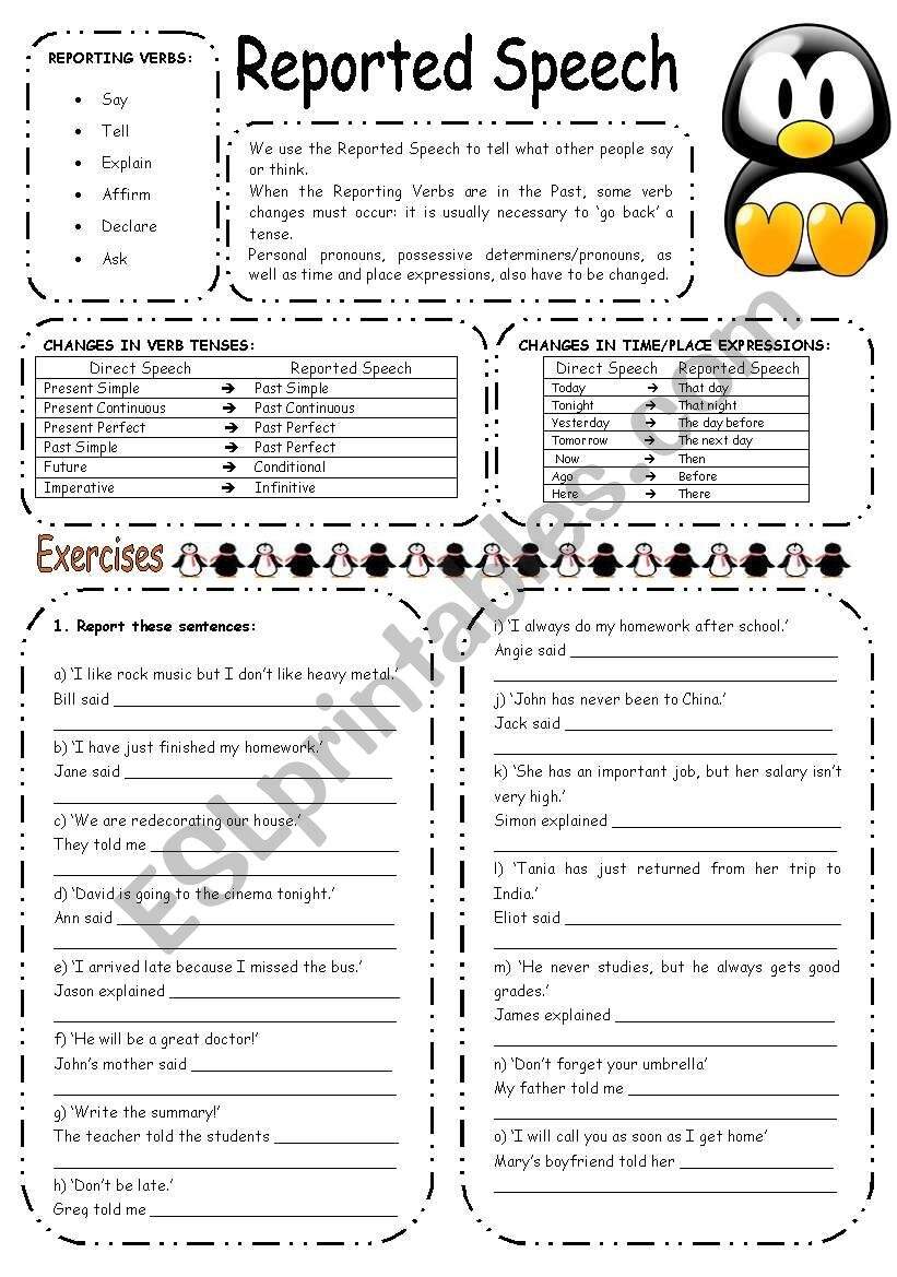 REPORTED SPEECH EXERCISES ESL Worksheet By Elisabeteguerreiro REPORTED SPEECH EXERCISES ESL Worksheet By Elisabeteguerreiro
