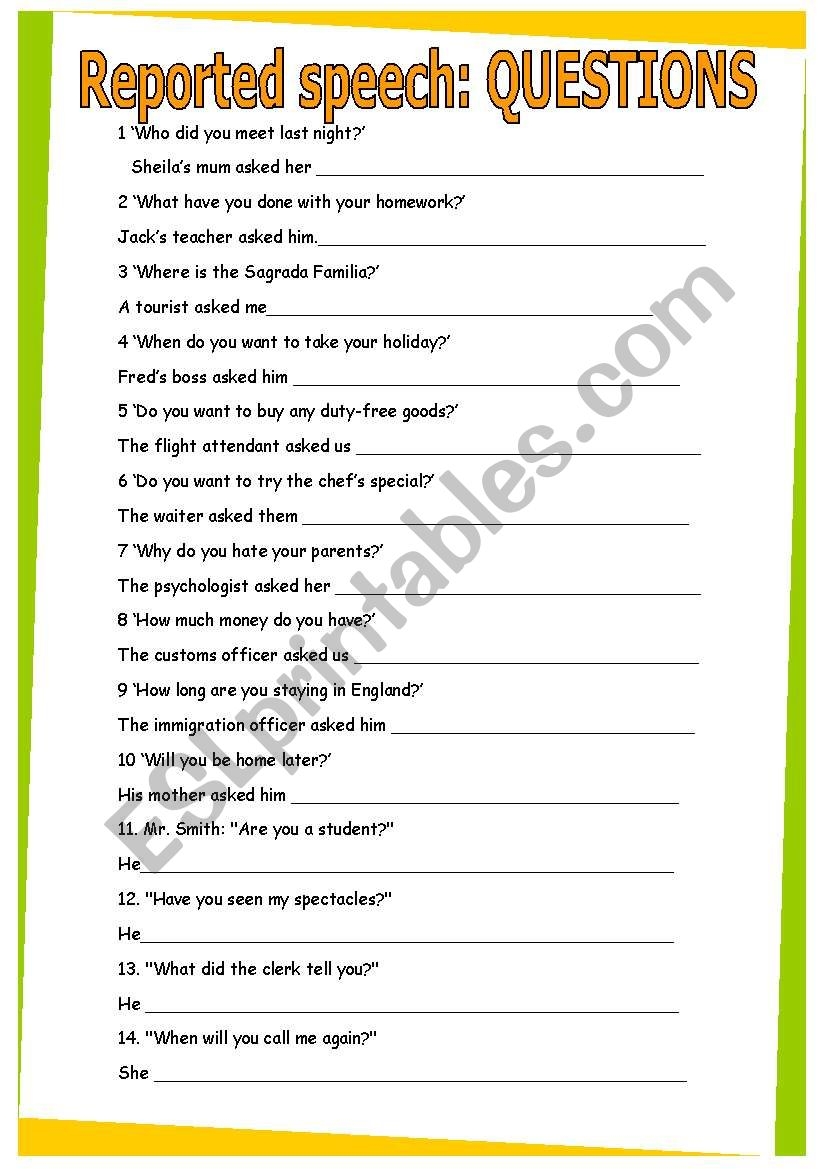 Reported Speech Questions GRAMMAR WORKSHEET 31 ESL Worksheet By Vanessa G L Reported Speech Questions GRAMMAR WORKSHEET 31 ESL Worksheet By Vanessa G L