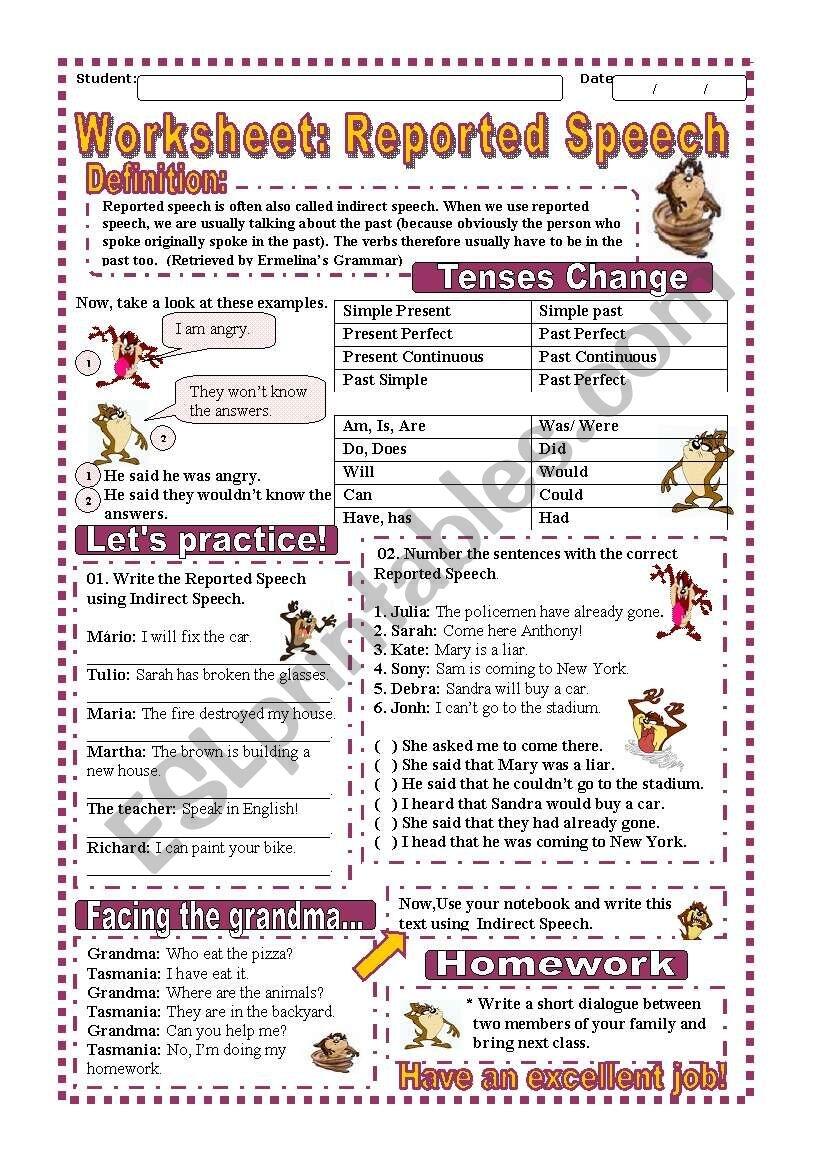 Reported Speech Worksheets Library