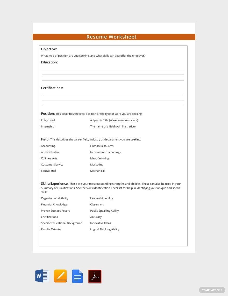 Resume Worksheet Template In Word Pages PDF Google Docs Download Template Free Fill In Blank Resume Template To Edit Online
