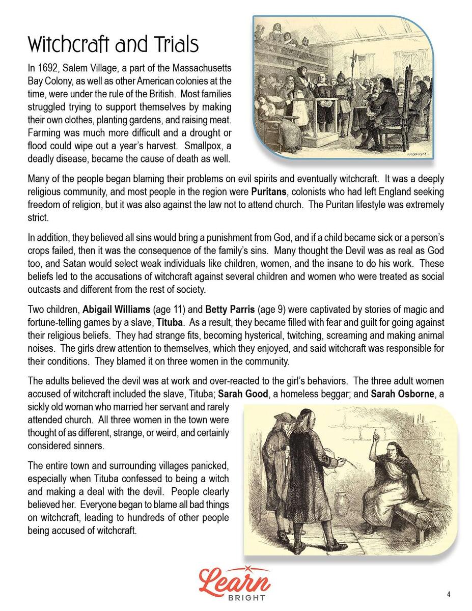 Salem Witch Trials Facts Worksheets For Kids Includes Lesson Worksheets Library