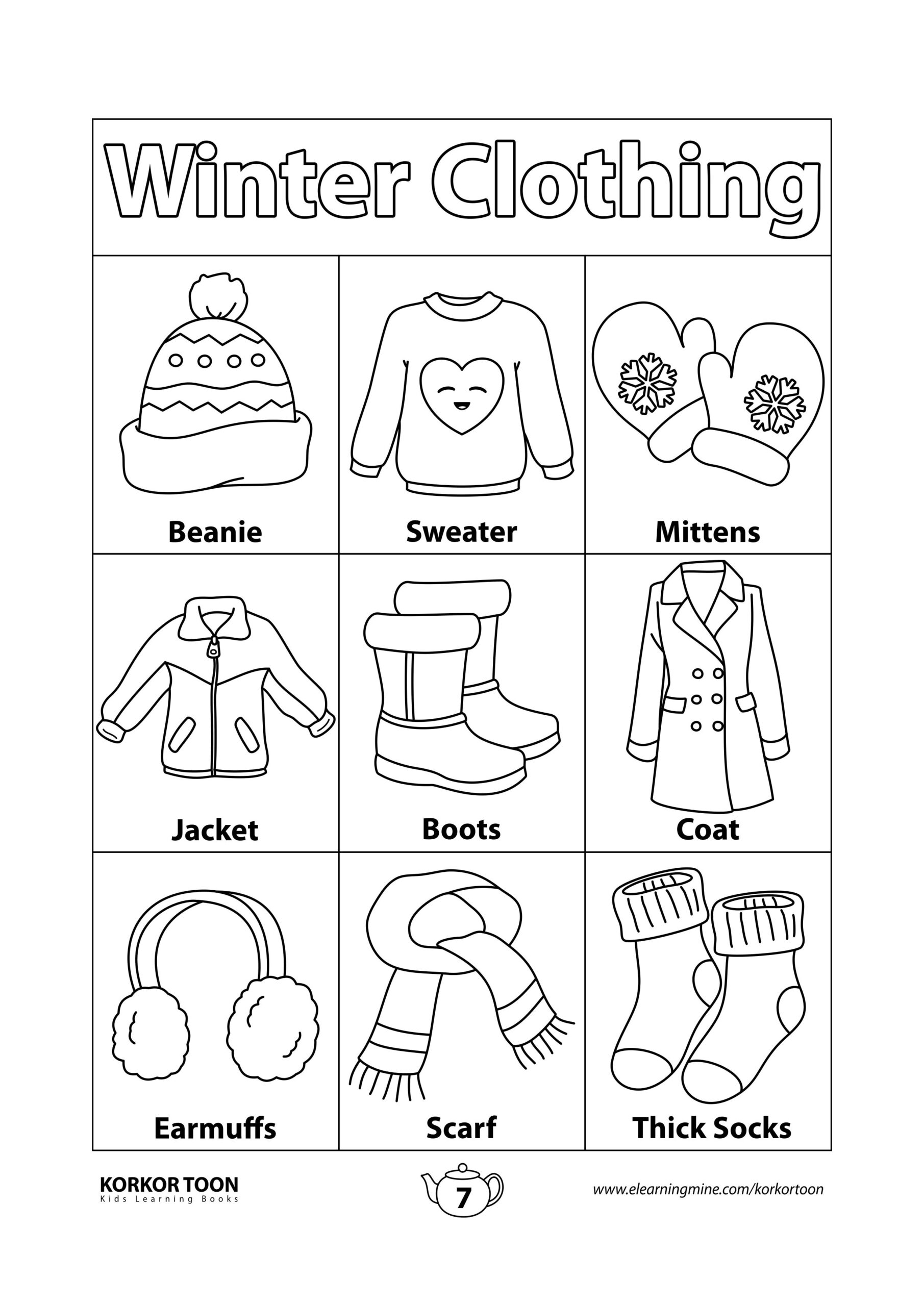Seasons Coloring Book For Kids Winter Clothing Coloring Page Printable Winter Clothes Clip Card Activity For Preschool
