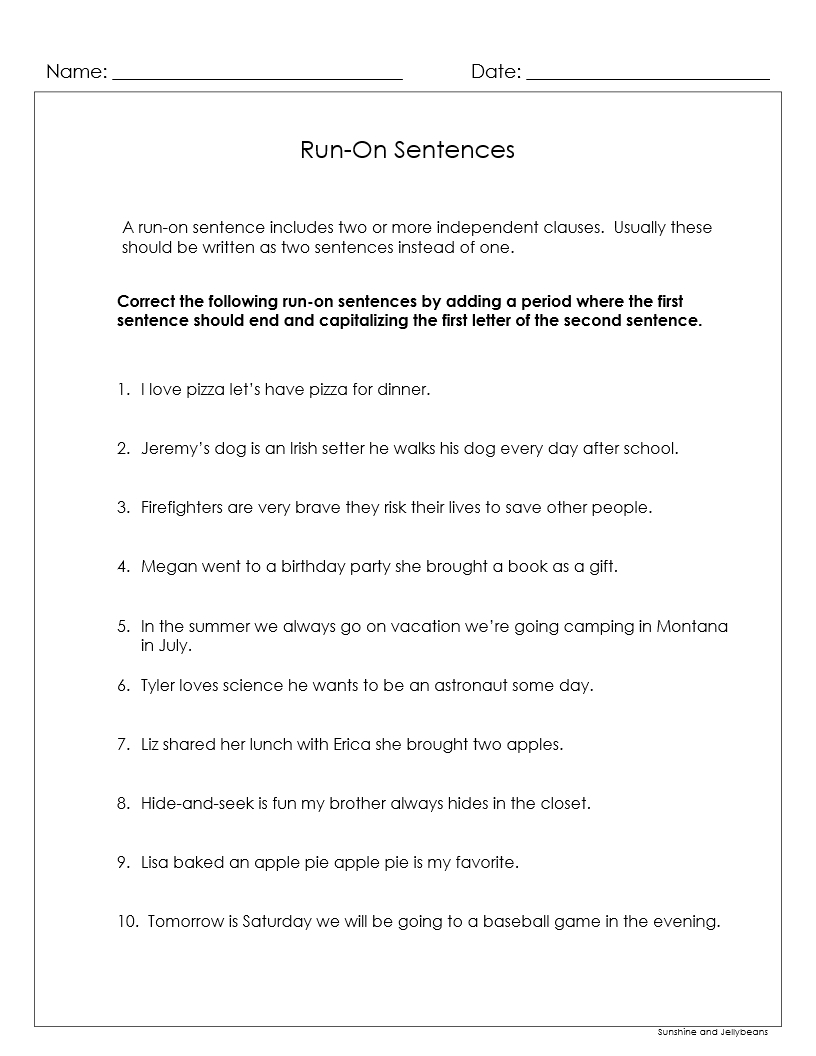Sentence Fragments Run On Sentences 4 Worksheets Grades 3 4 CCSS Made By Teachers
