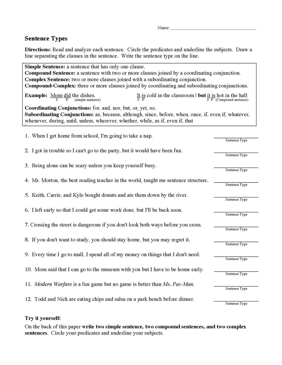 Sentence Types Worksheet Sentence Structure Activity Simple Sentences Compound Sentence And Complex Worksheet Live Worksheets Library