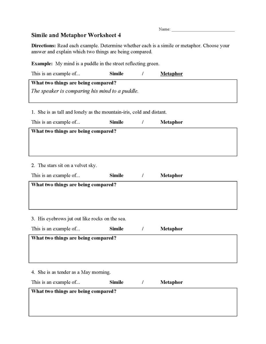Simile And Metaphor Worksheets Ereading Worksheets