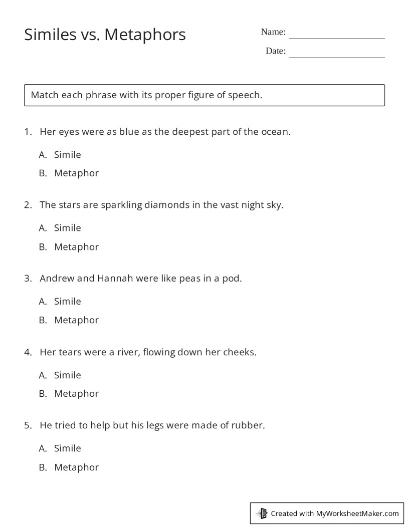 Similes Vs Metaphors My Worksheet Maker Create Your Own Worksheets