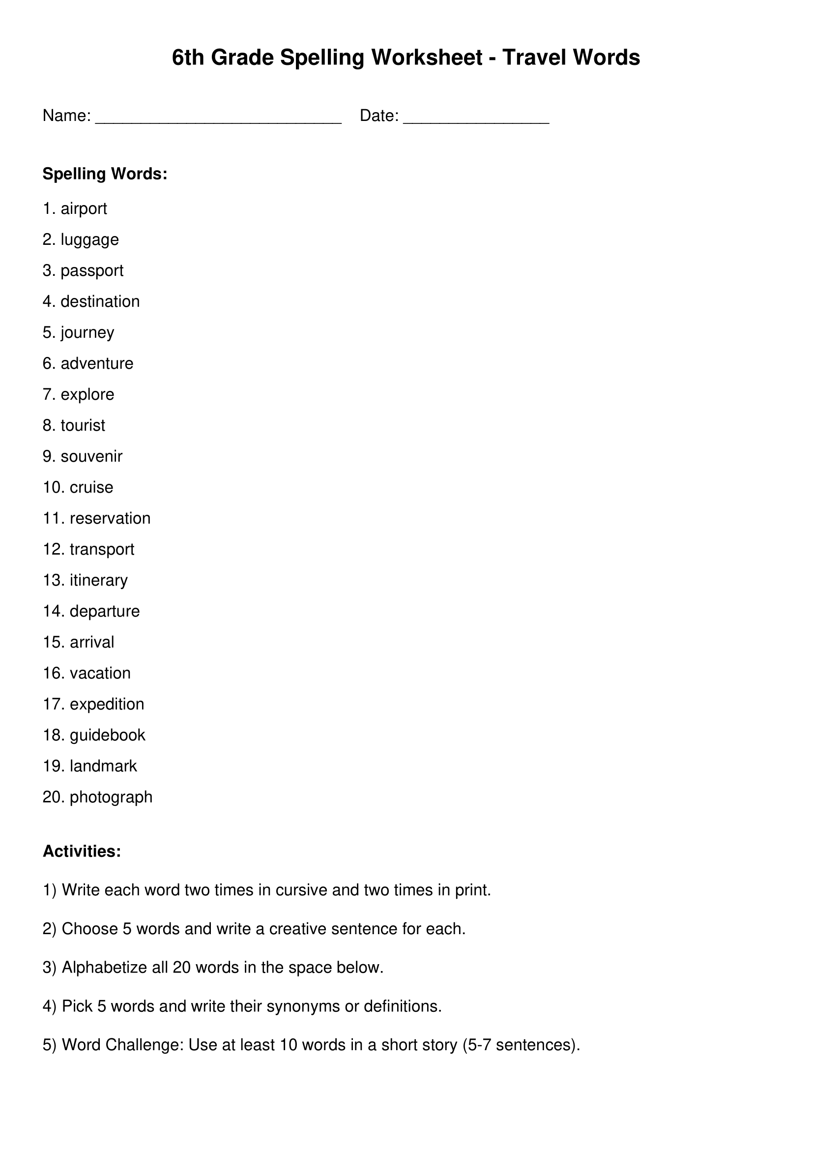 Sixth Grade Spelling Worksheets Printable Word Lists Vocabulary Practice