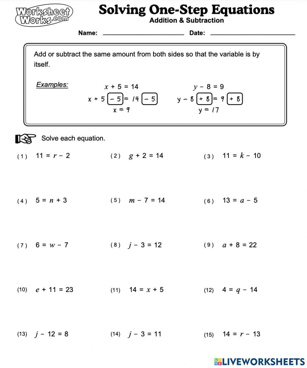Solving 1 Step Equations Addition And Subtraction Worksheet Worksheets Library