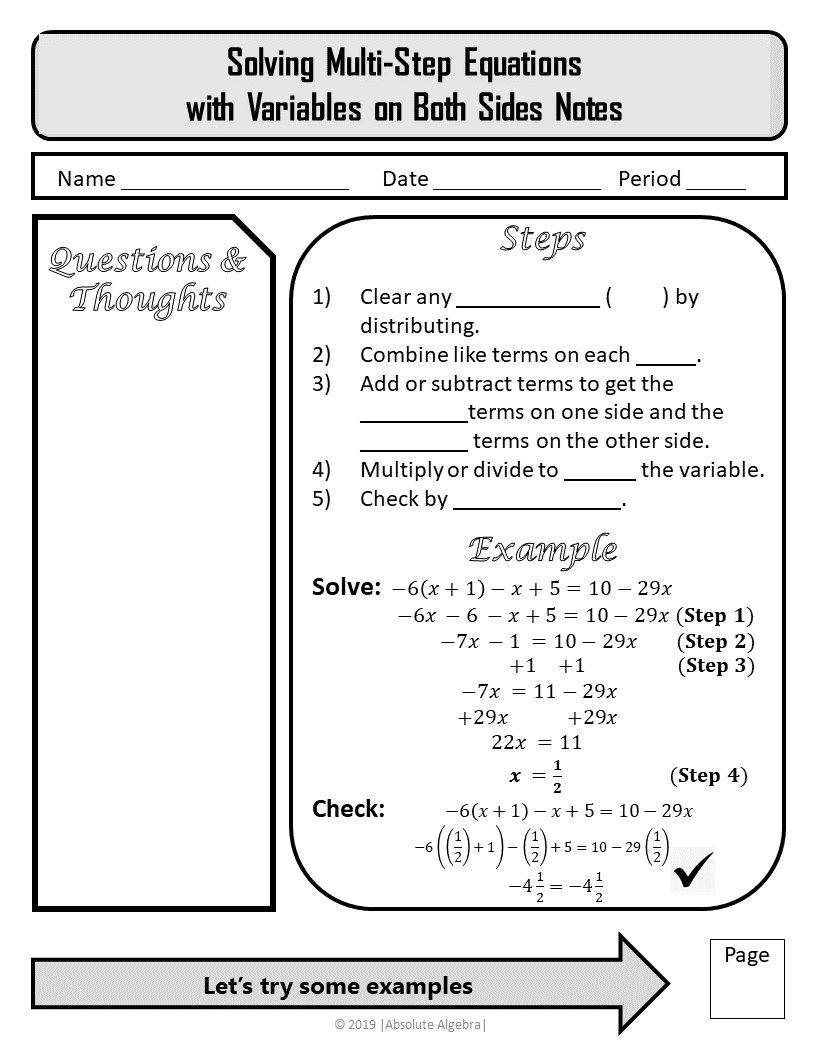 Solving Multi Step Equations Variables On Both Sides Notes Practice Homework U1 Absolute Algebra