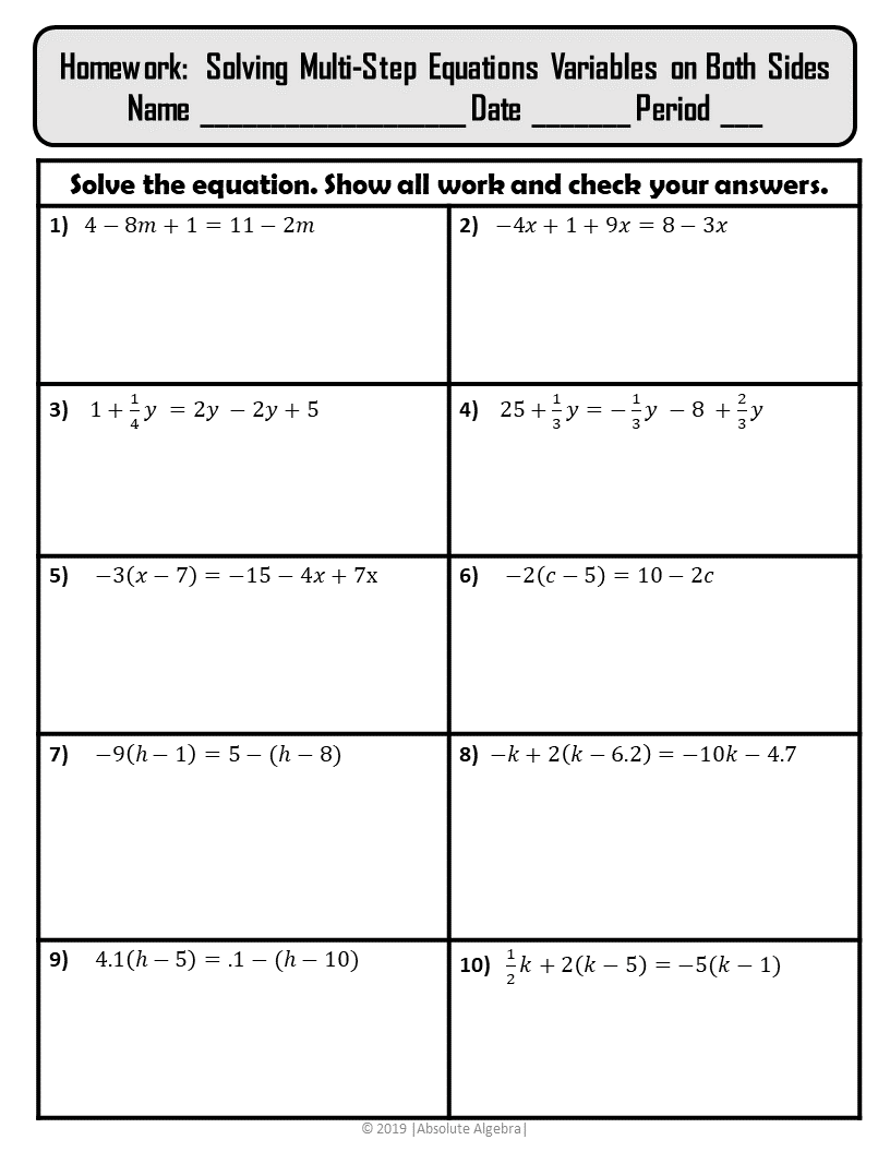 Solving Equations With Variables On Both Sides Leveled Checking Worksheet By Teach Simple