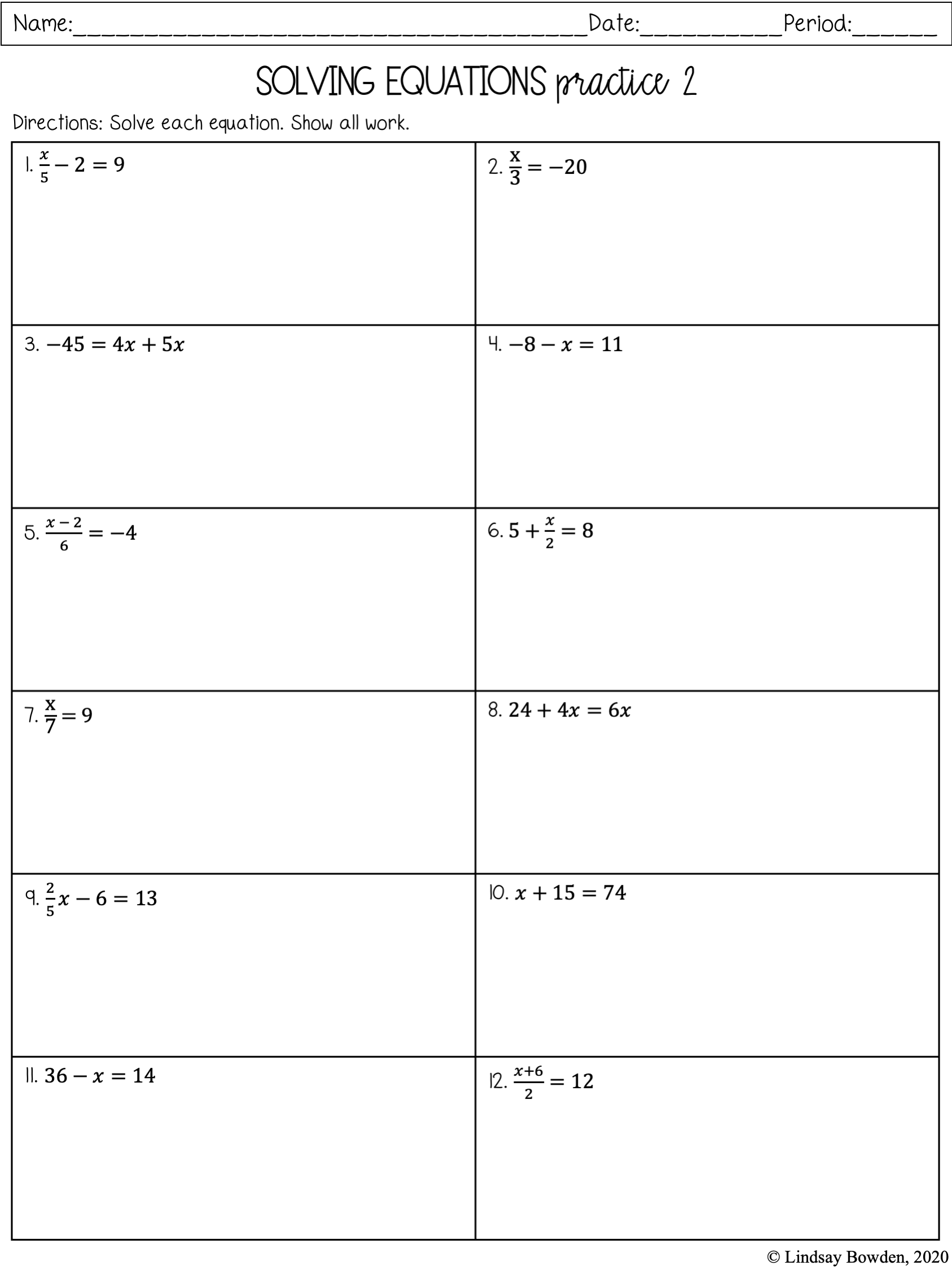 Free Worksheets For Linear Equations Grades 6 9 Pre Algebra Algebra 1