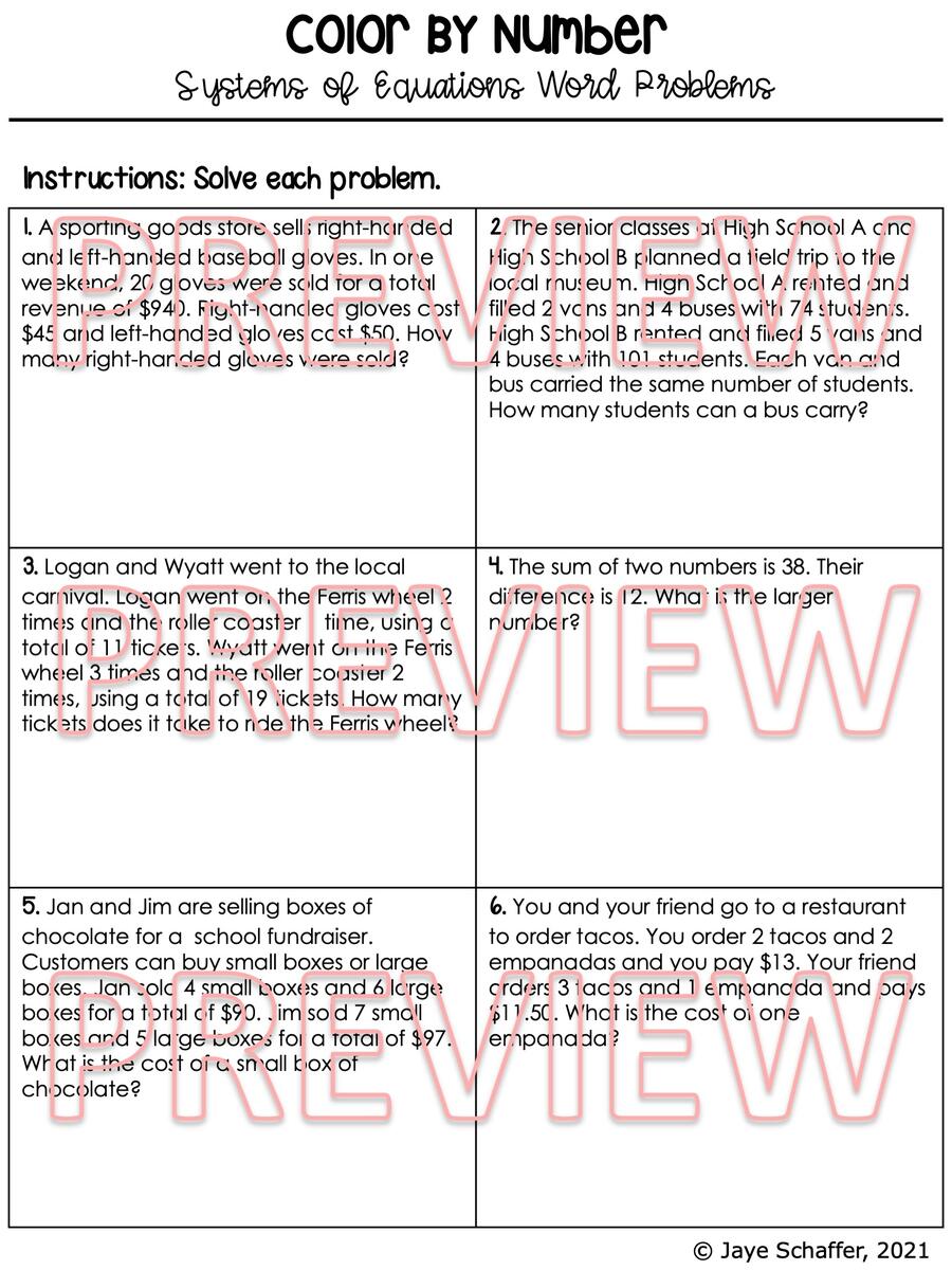 Solving Systems Of Equations Word Problems Coloring Activity Made By Teachers