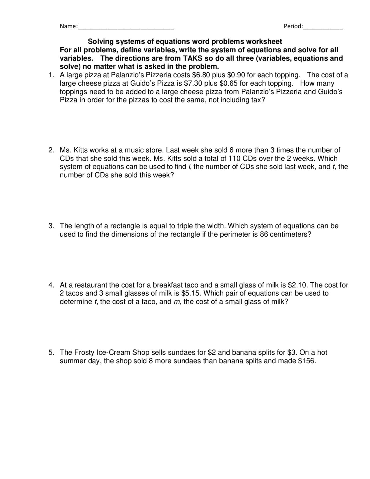 Solving Systems Of Equations Word Problems Worksheet Schemes And Worksheets Library