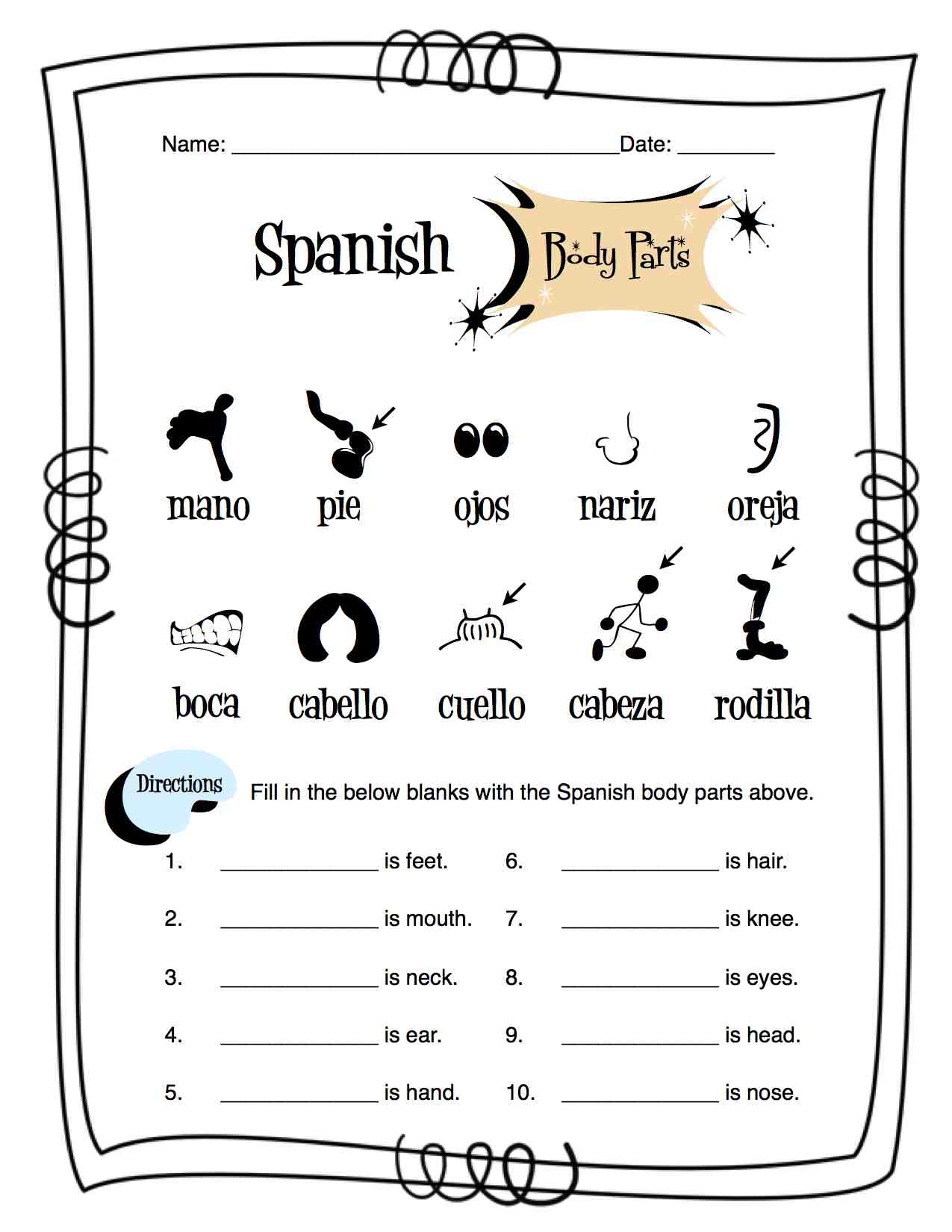 Spanish Body Parts Information Sheet Worksheet And Answer Key Made By Teachers