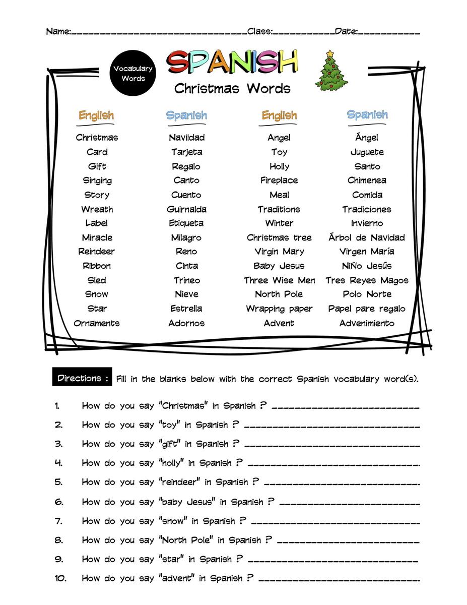 Spanish Christmas Words Vocabulary Word List Worksheet Answer Keys Made By Teachers