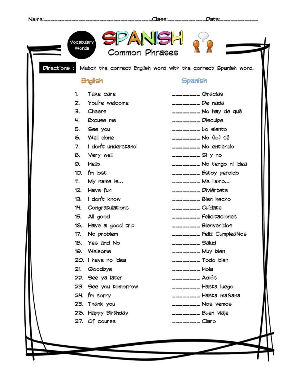 Spanish Common Phrases Vocabulary Matching Worksheet Answer Key Made By Teachers Free 9th Grade Spanish Worksheet Download Free 9th Grade Spanish Worksheet Png Images Free Worksheets On Clipart Library