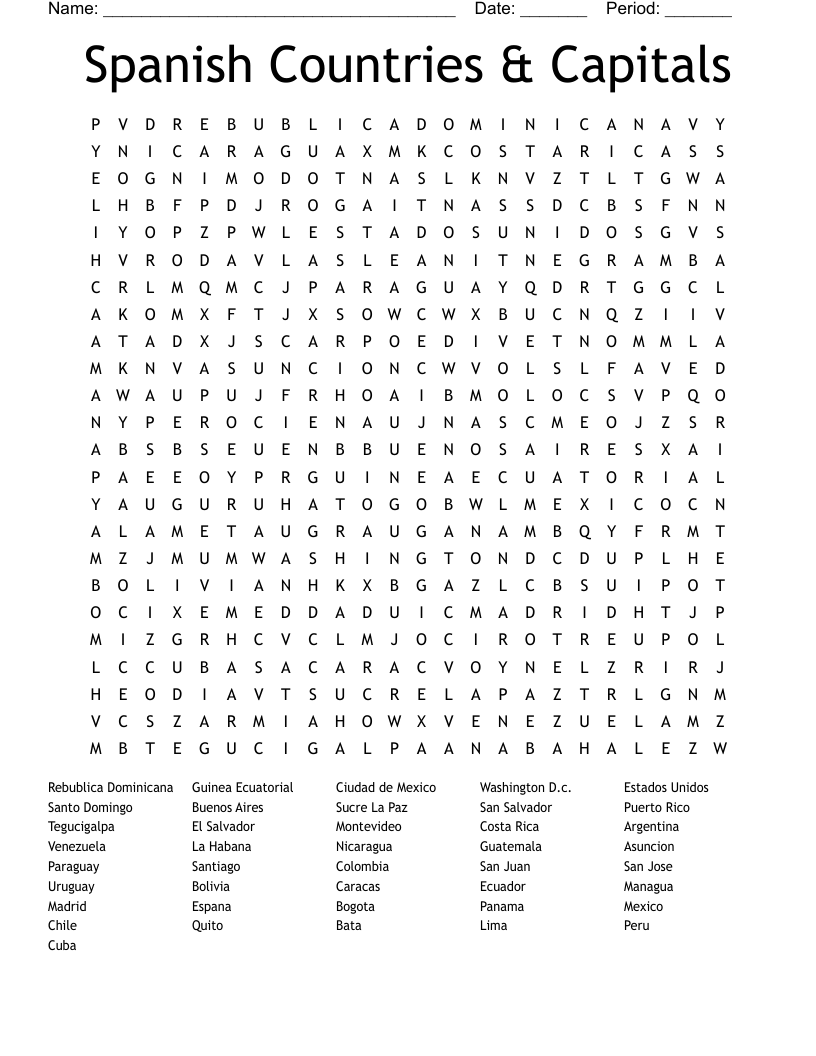 Spanish Countries Capitals Word Search WordMint