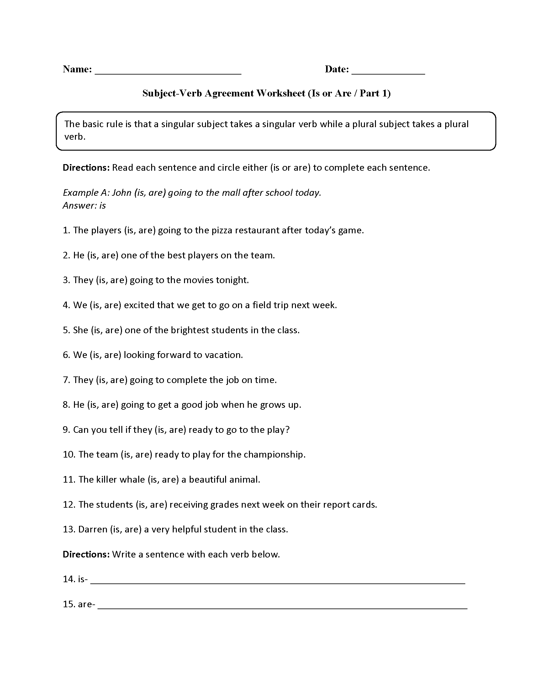 Subject Verb Agreement Worksheets Practicing Is Or Are Subject Verb Agreement Worksheet