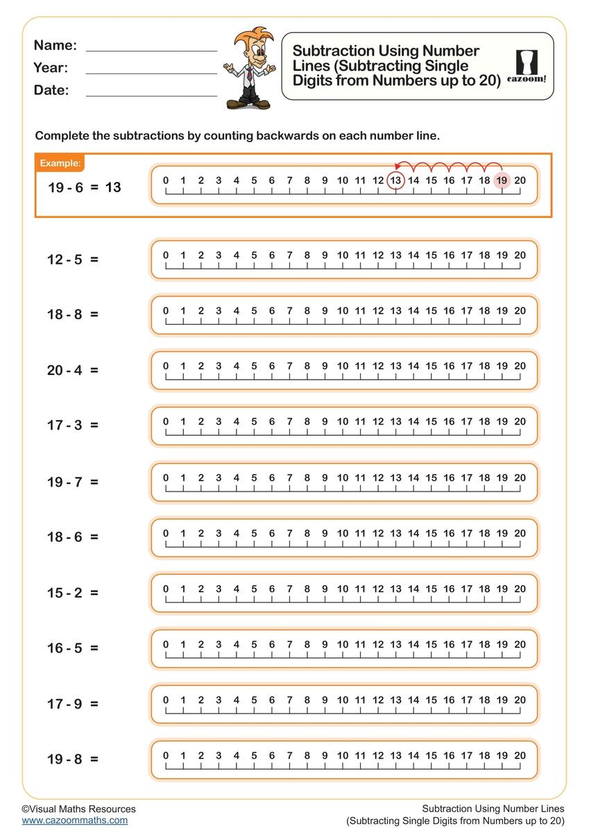 Subtraction Using Number Lines Subtracting Single Digits From Numbers Up To 20 Worksheet Printable Year 1 Subtraction Worksheet Subtraction Using Number Lines Subtracting Single Digits From Numbers Up To 20 Worksheet Printable Year 1 Subtraction Worksheet