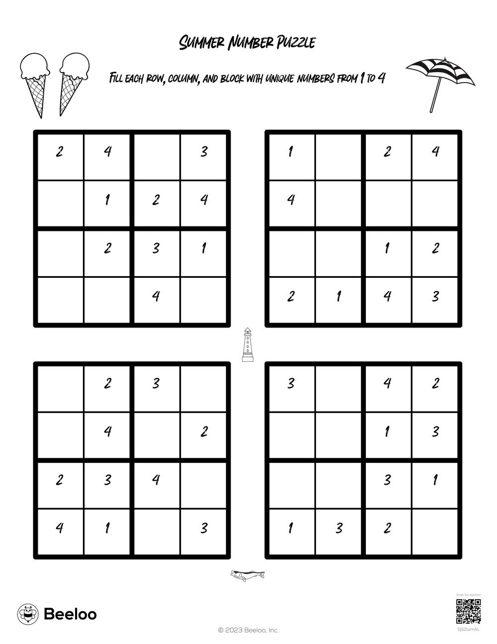Summer Themed Sudoku Puzzles Beeloo Printable Crafts And Activities For Kids