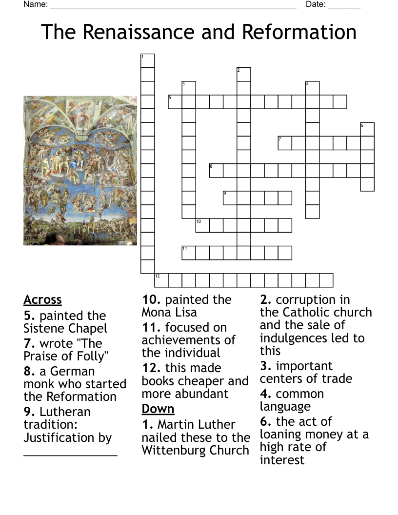 The English Reformation Crossword Free Printable PDF Year 8
