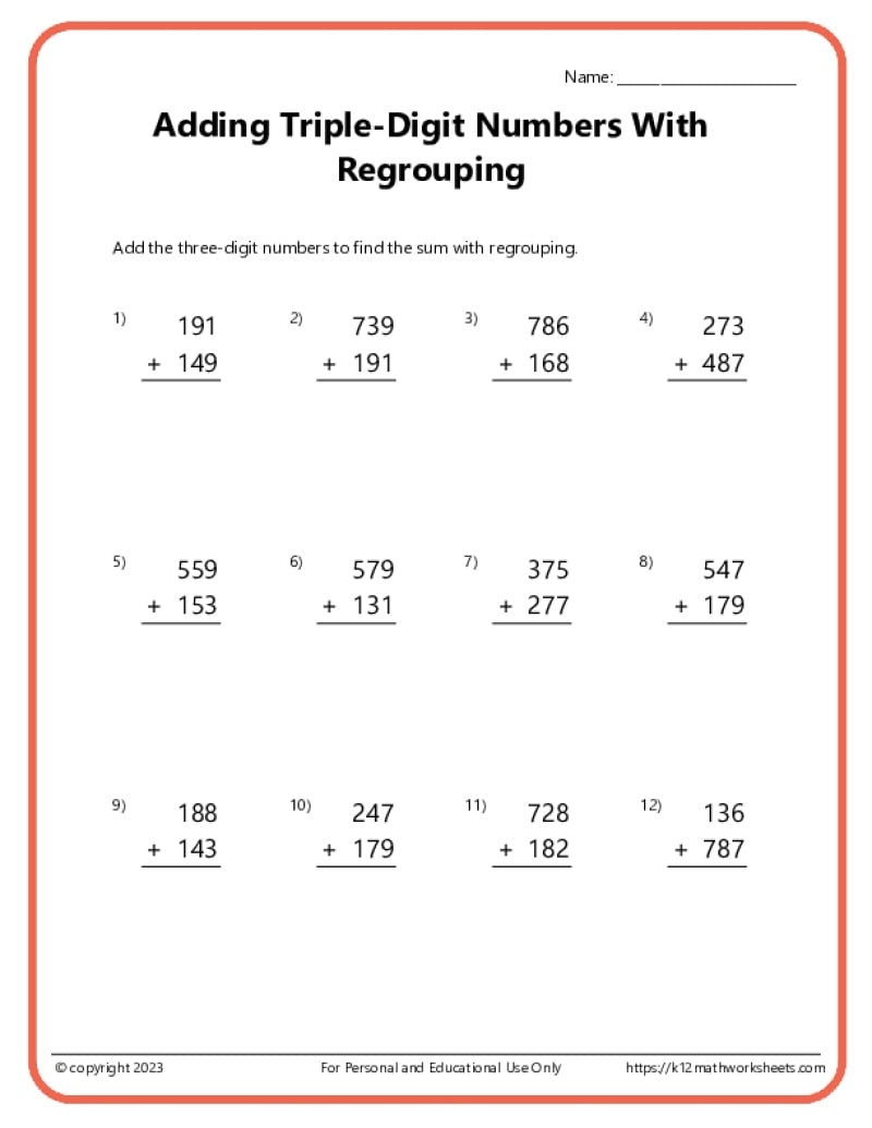 Triple Digit Addition With Regrouping K12 Math Worksheets 3 Digit Addition Worksheets Superstar Worksheets