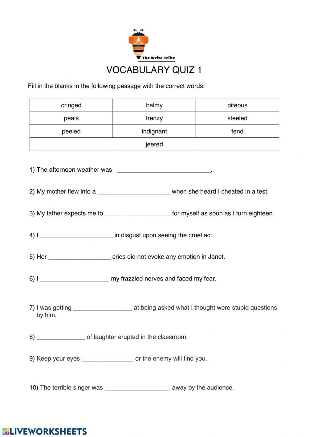 Vocabulary Interactive Exercise For GRADE 7 Worksheets Library