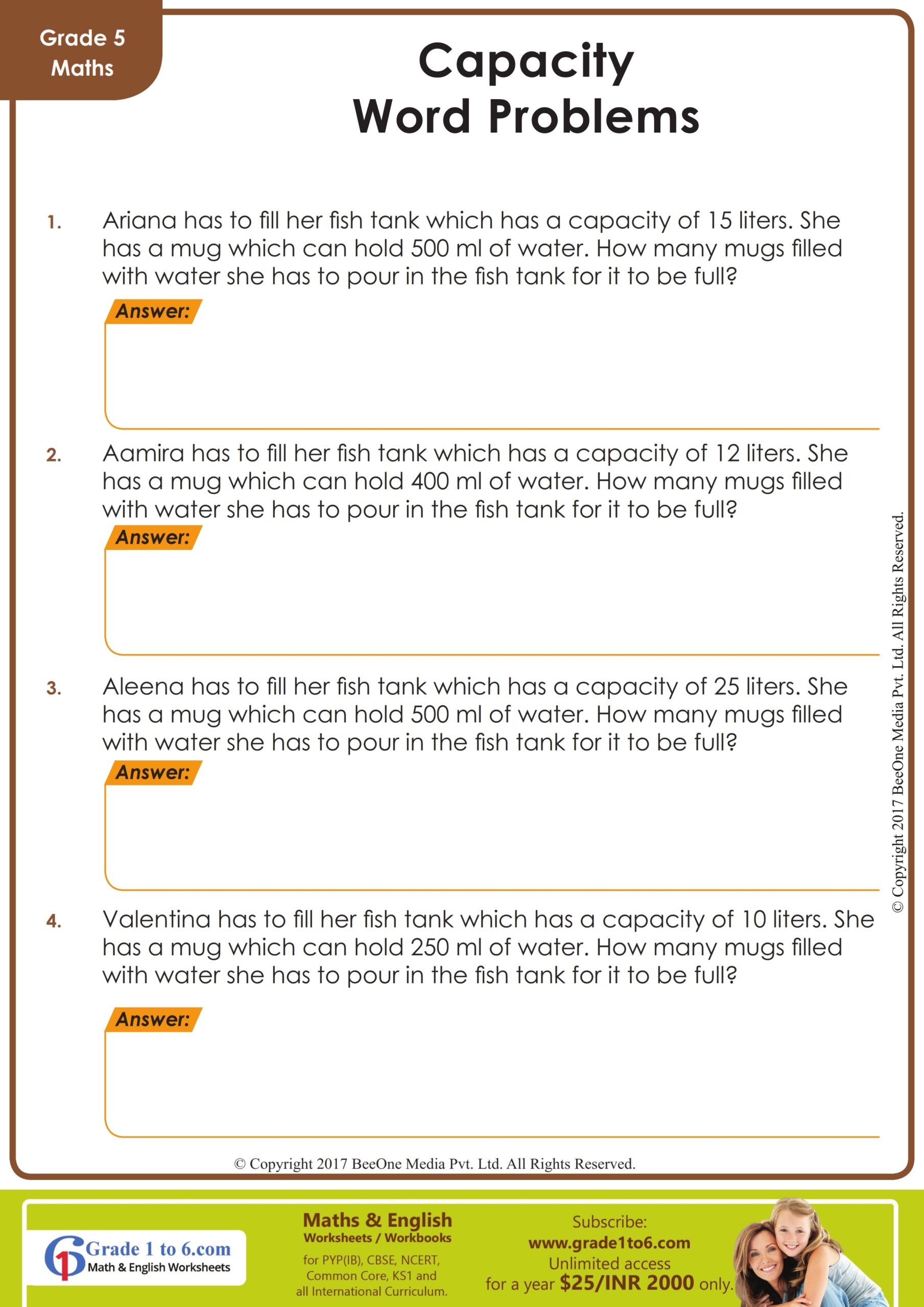 Volume And Capacity Word Problems Worksheet Grade 4 Volume And Capacity Word Problems Grade1to6