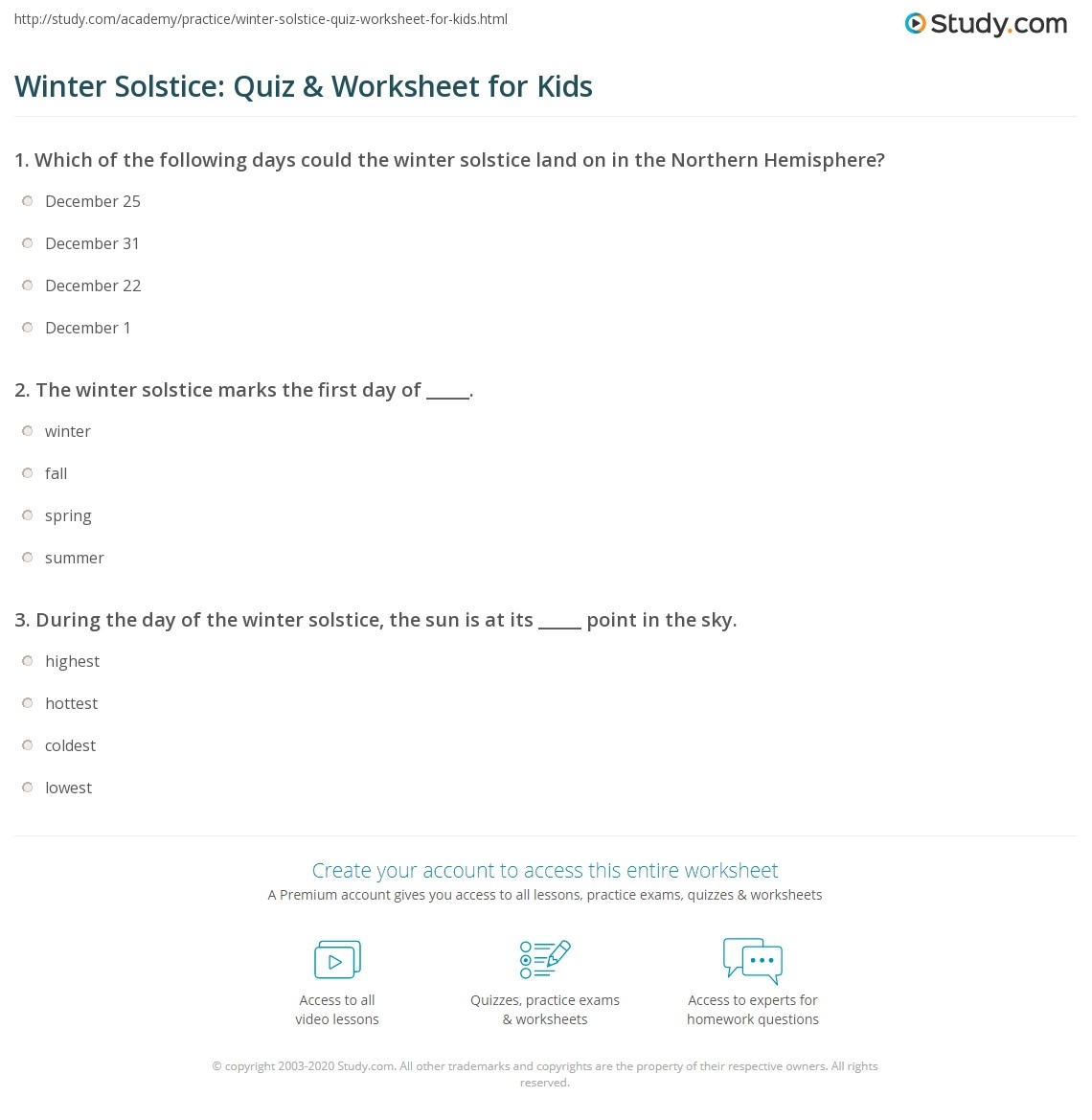 Winter Solstice Quiz Worksheet For Kids Study