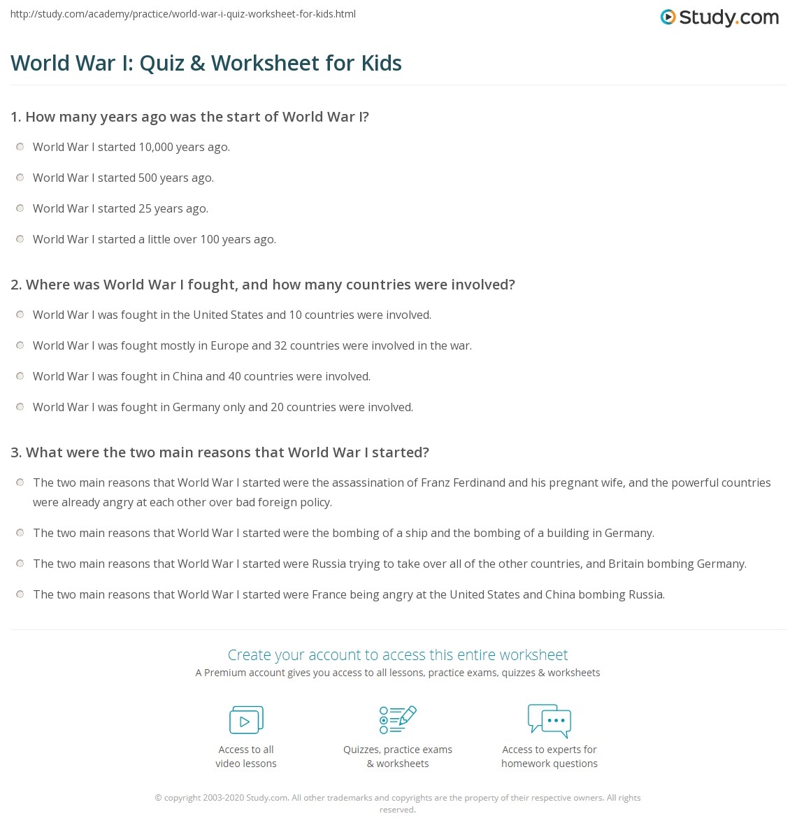 World War I Quiz Worksheet For Kids Study