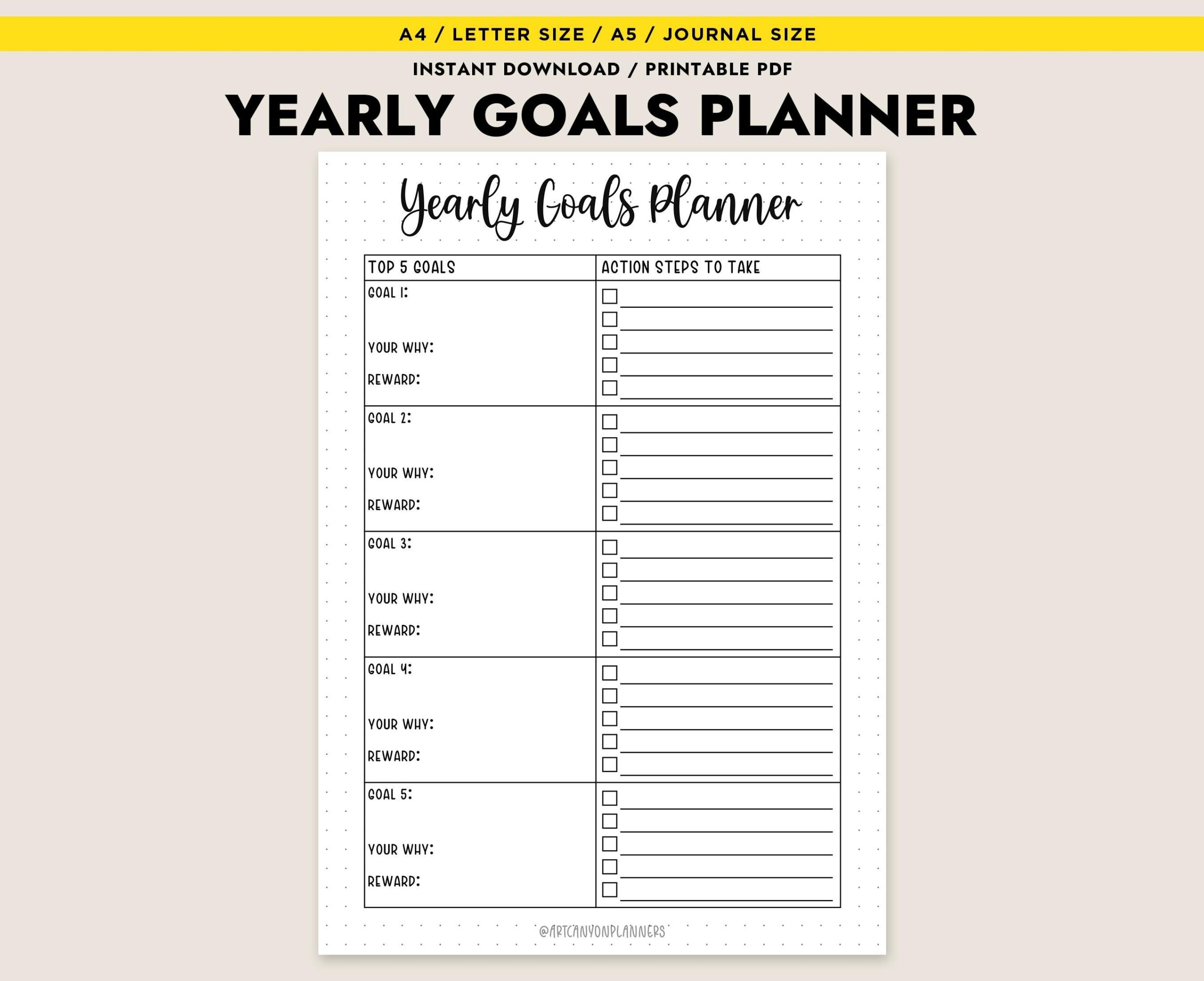 Yearly Goals Planner Printable PDF Instant Download A4 A5 Letter Journal Size Goal Setting Template Etsy